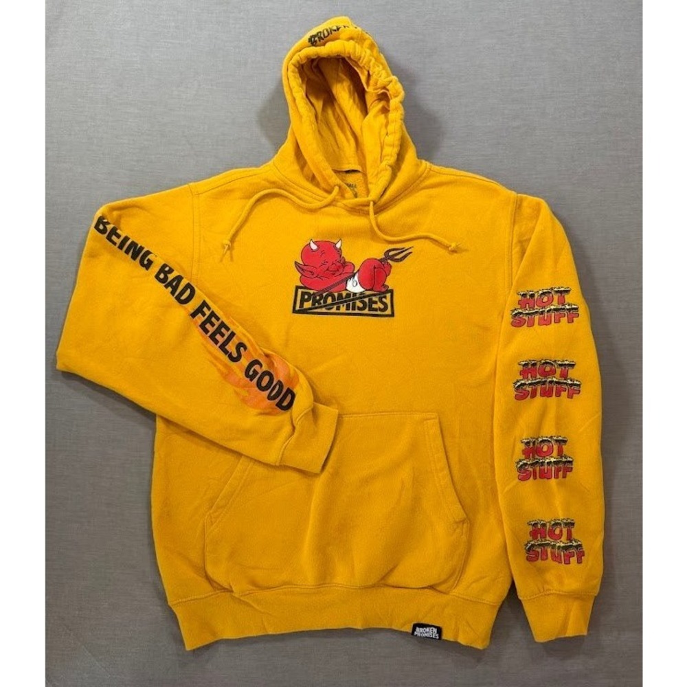 Broken Promises Yellow Hot‎ Stuff Devil Graphic Hoodie Sweatshirt Mens Small